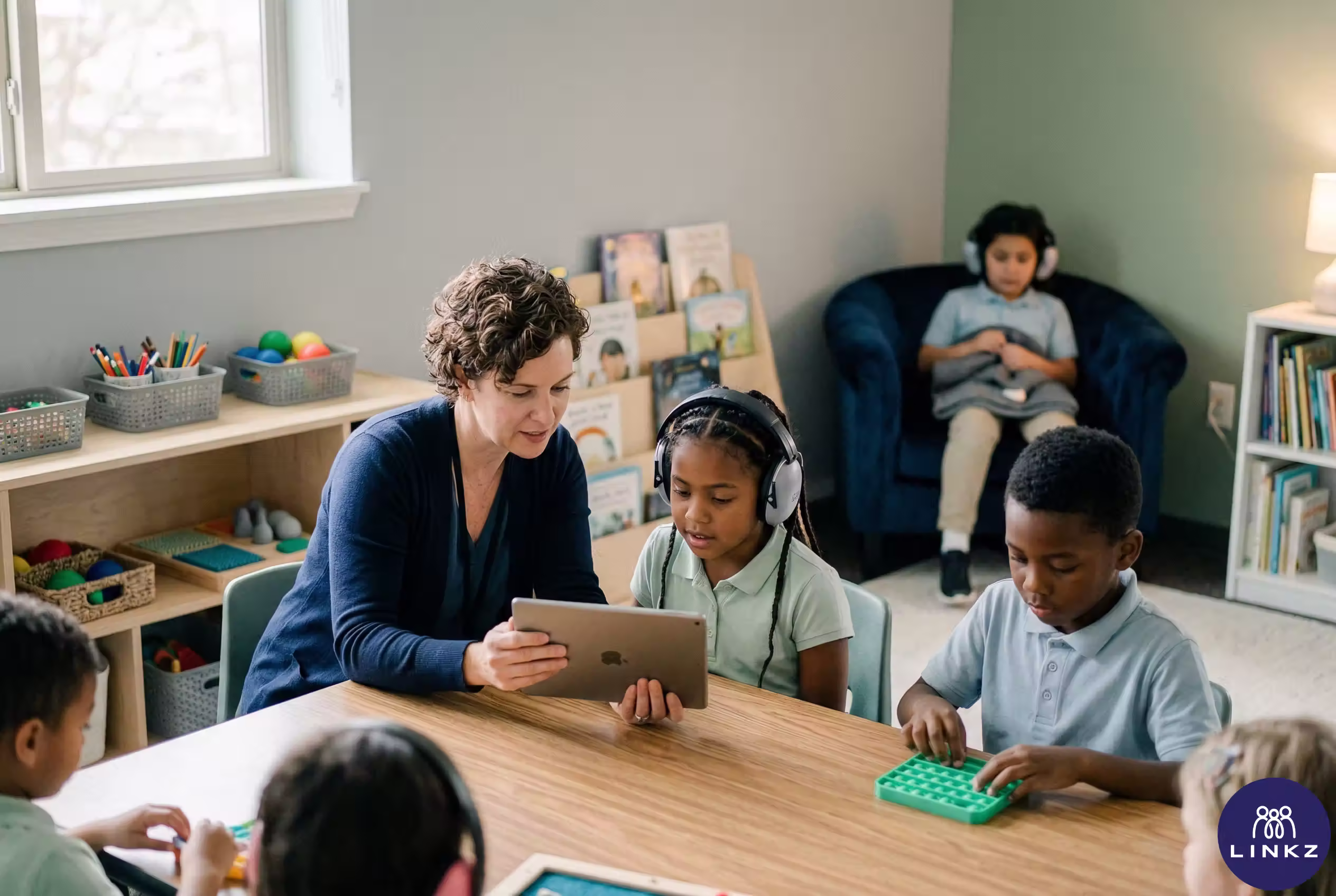 Diverse students in a sensory-friendly learning environment at LINKZ