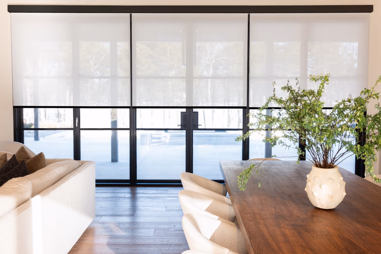 Smart home blinds with automatic operation in contemporary kitchen