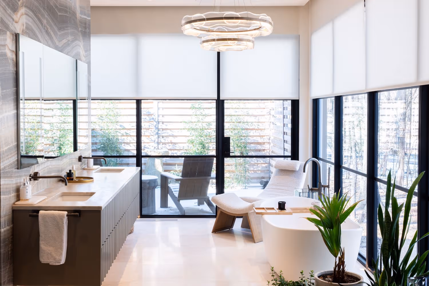 Custom blinds and shades in bathroom with cordless operation