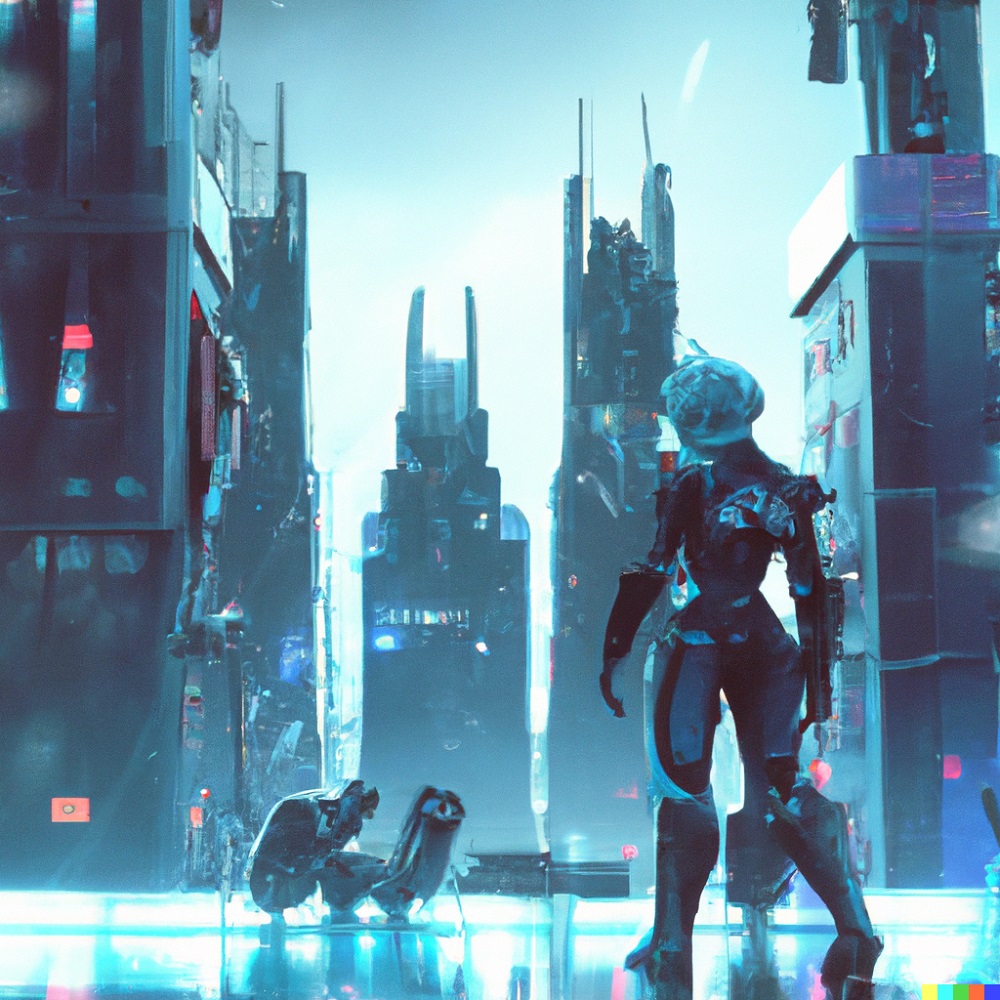 One of my Gen AI images showing a security humanoid robot in a city