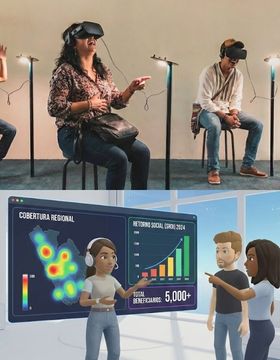 Imagen dividida en dos secciones. La parte superior muestra a personas reales sentadas usando gafas de realidad virtual. La parte inferior representa una reunión en el metaverso con avatares 3D frente a un tablero digital que muestra métricas de 'Cobertura Regional', un gráfico de 'Retorno Social (SROI) 2024' y la cifra 'Total Beneficiarios: 5,000+'