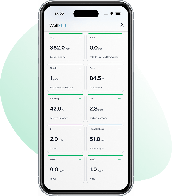 WellStat air quality app single sensor, real-time metrics screen