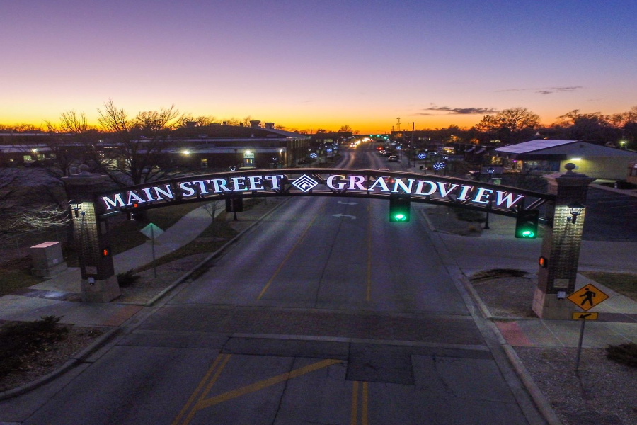 Main Street Grandview entrance lit at night