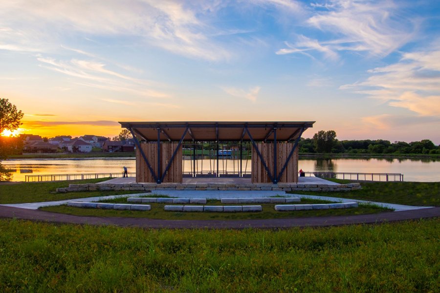 Sunset over park pavilion in Raymore Missouri