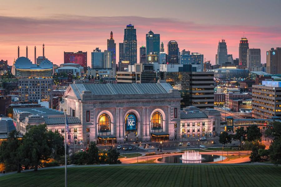 Union Station and city skyline in downtown Kansas City Missouri