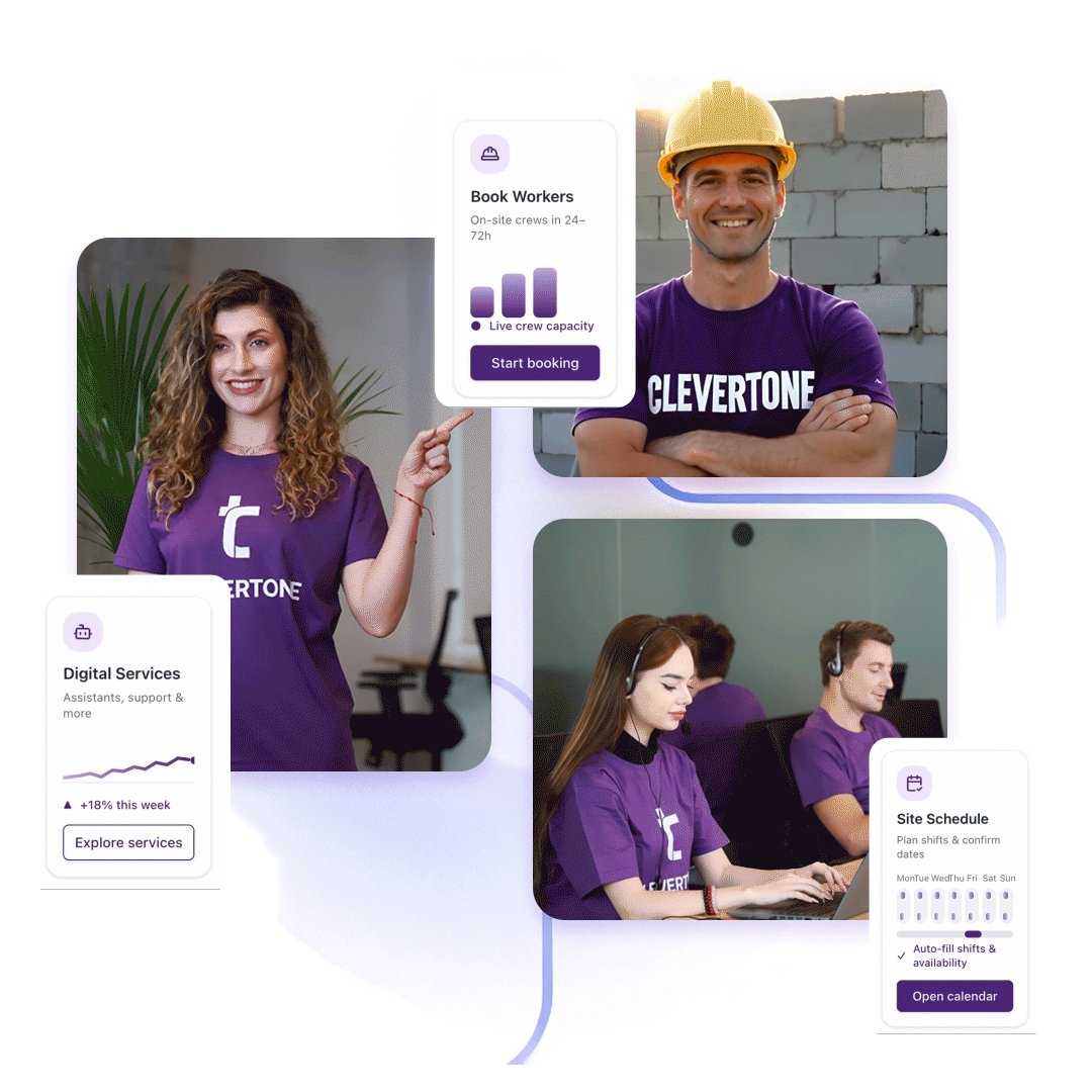 Collage of Clevertone team members in purple shirts, including a woman pointing, a man in a hard hat, and two call center workers, alongside digital service and scheduling icons.