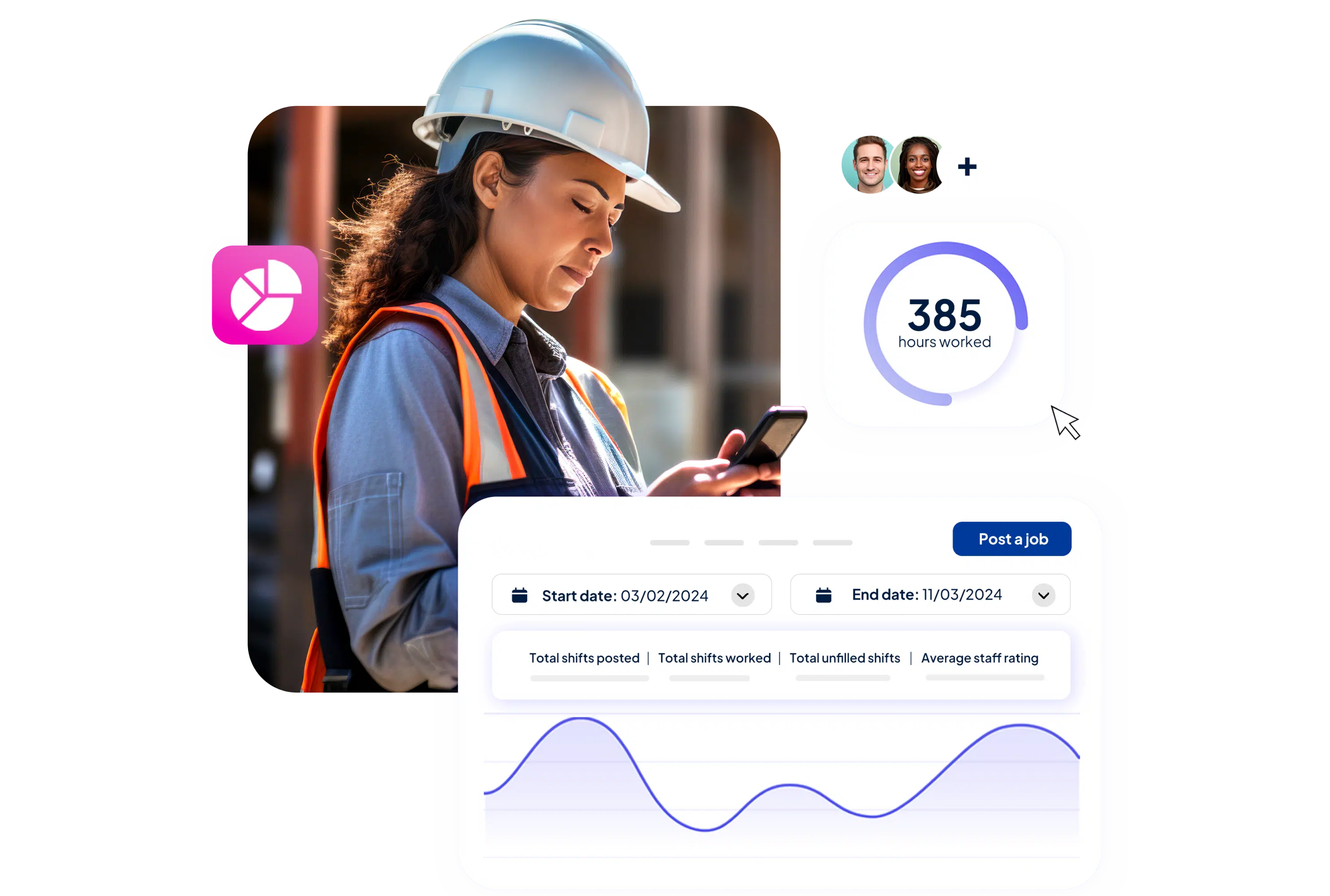 Woman in construction helmet and safety vest checking her phone with digital interface showing 385 hours worked and a shift schedule graph from March to November 2024.