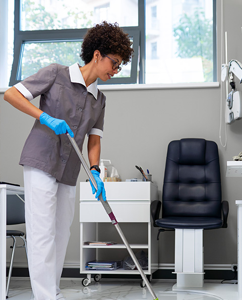 Professional cleaner in uniform and blue gloves mopping the floor in a medical office.