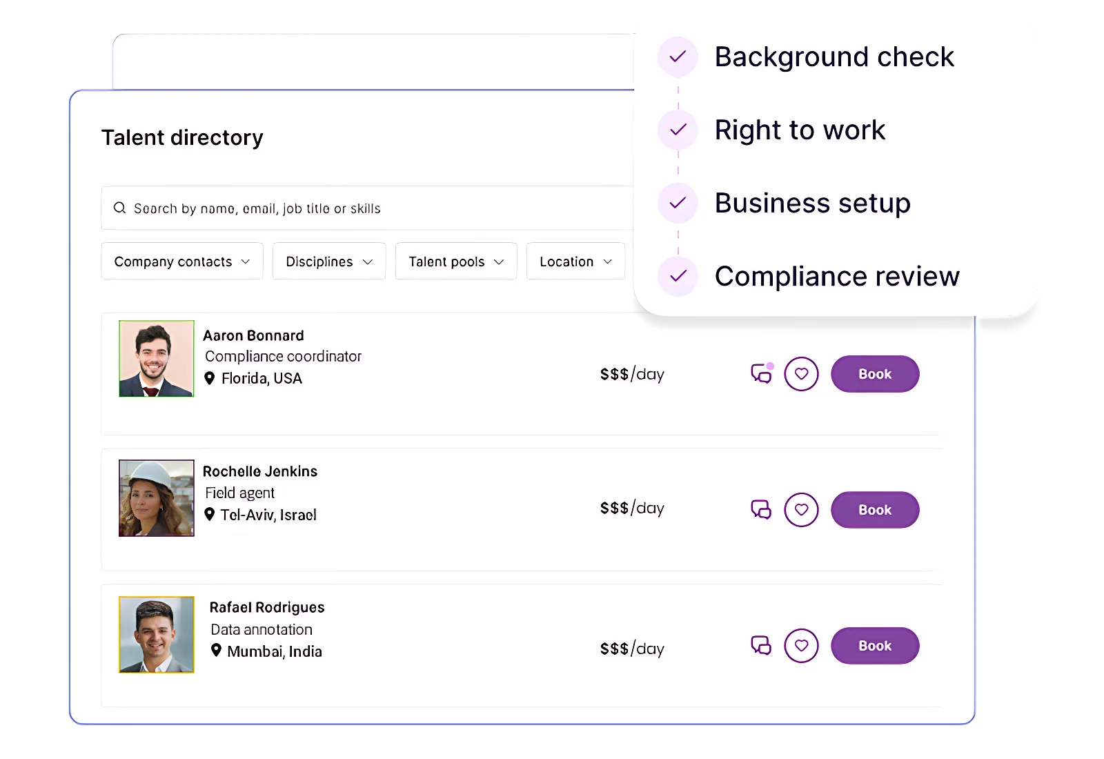 Talent directory listing three professionals with photos, names, roles, locations, daily rates, and options to chat, favorite, or book.