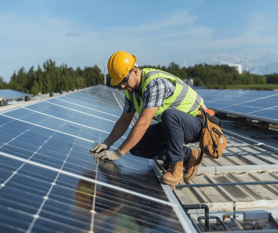 Worker wearing a yellow hard hat and safety vest installing solar panels on a rooftop under clear sky.