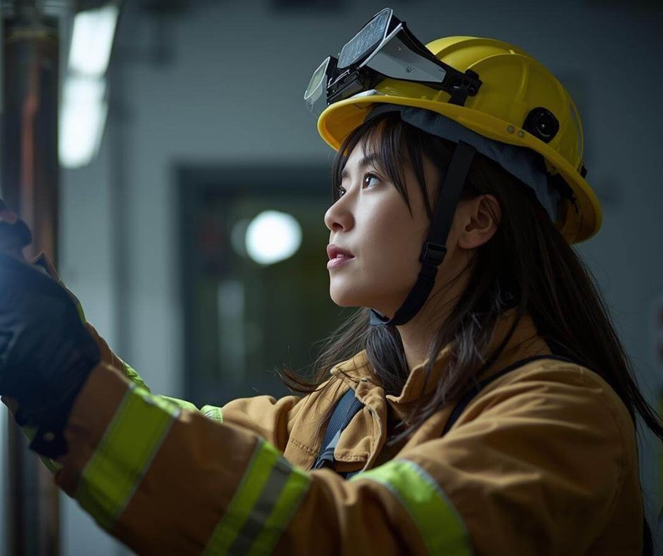 Female firefighter in yellow helmet and protective gear looking intently upward while working.