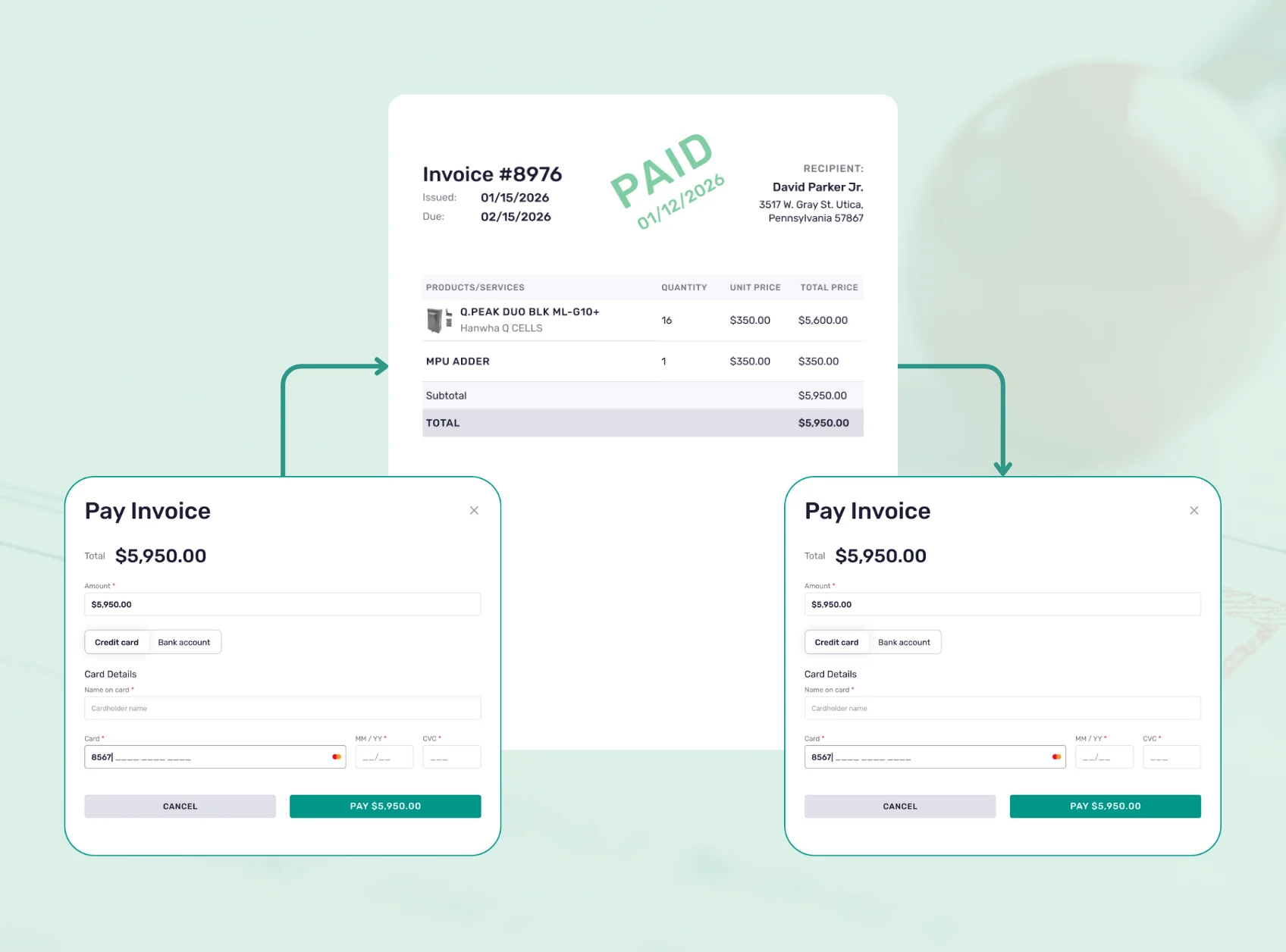 Aalto mobile app UI of home front door, confetti and the word Congratulations at the top and the home name below with the label of sold