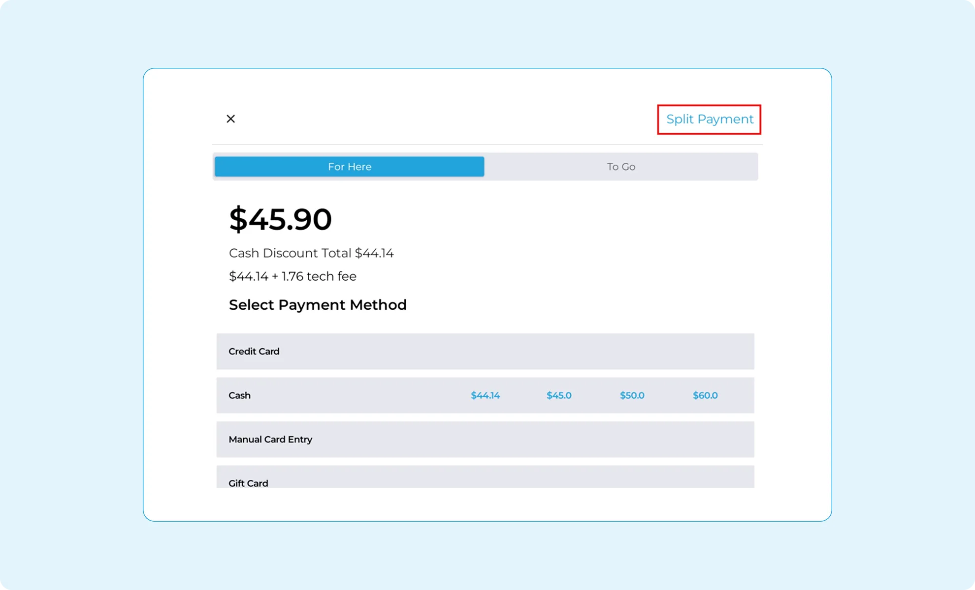 The Split Pay feature of OlaPOS shown on a monitor.