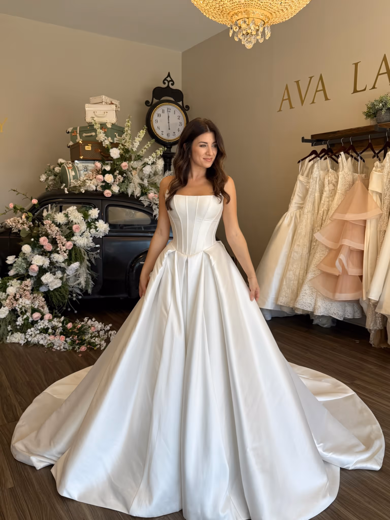 Bride trying on wedding dresses Greenville SC at wedding dress shop Greenville SC