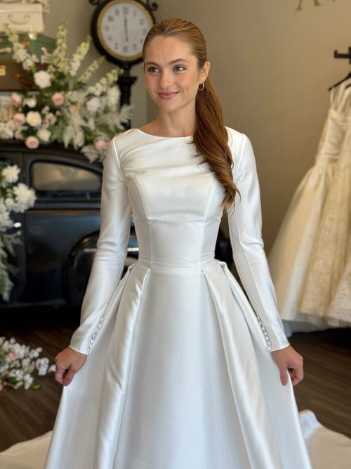 Elegant high coverage modest wedding dresses Greenville SC at wedding dress shop Greenville SC