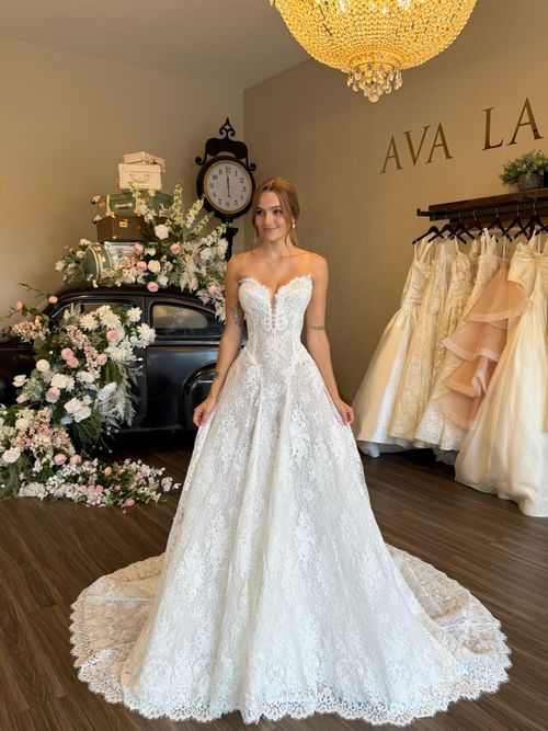 Luxury bridal boutique showcasing sweetheart neckline wedding dresses in South Carolina