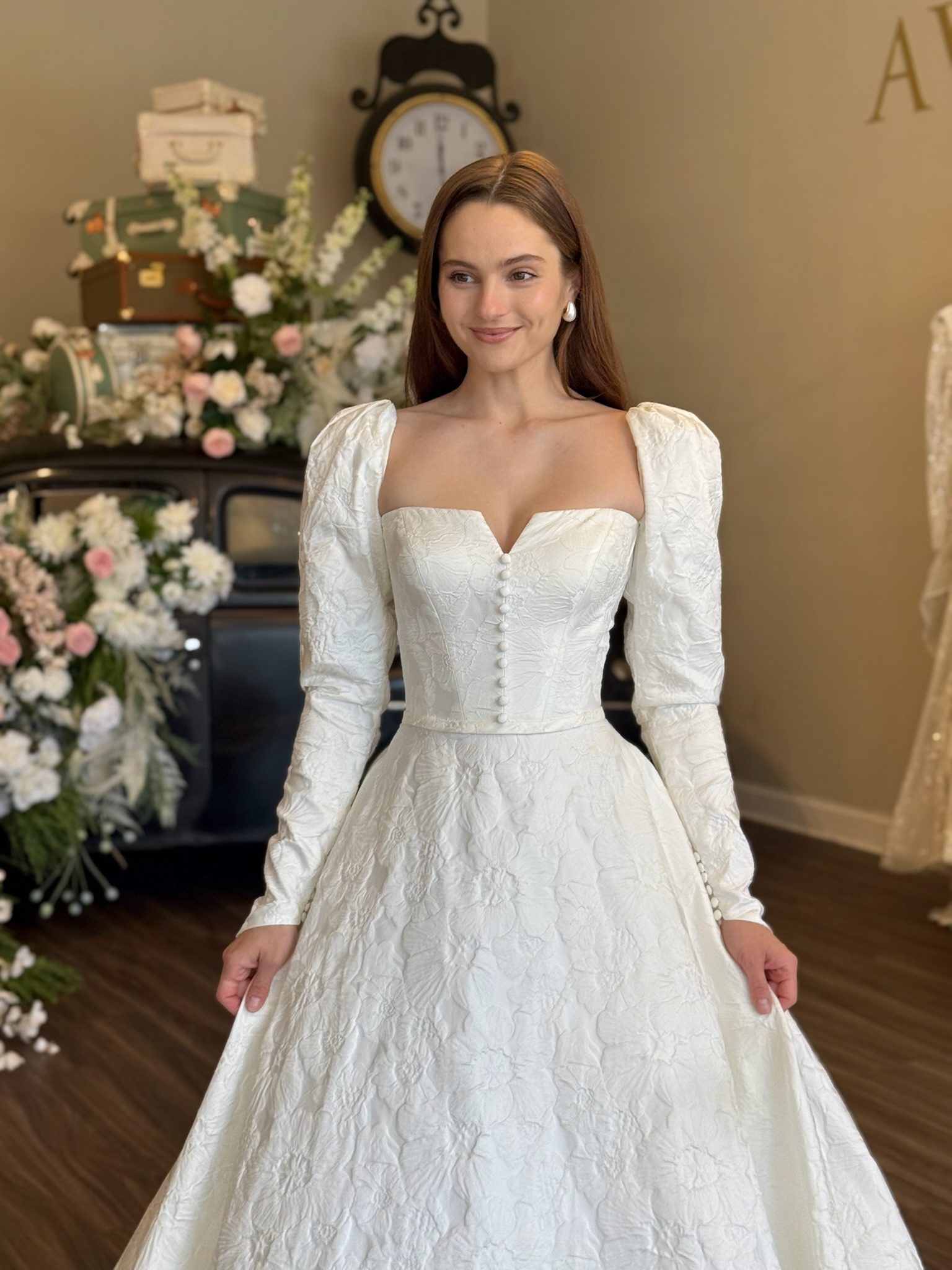 Luxury bridal boutique showcasing sweetheart neckline wedding dresses in South Carolina