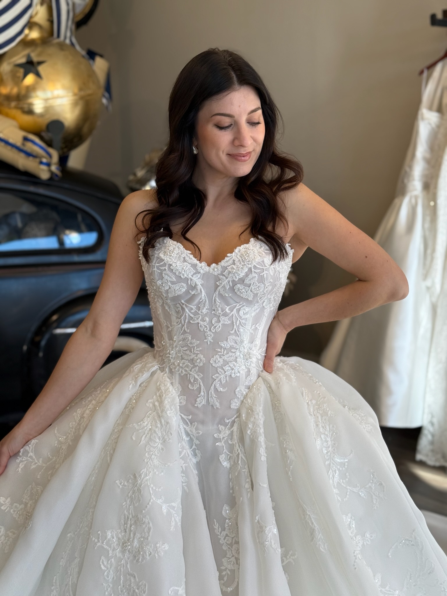 Elegant sweetheart neckline lace wedding gown at Ava Laurénne Bride bridal boutique