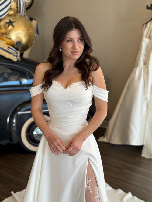 Modern satin sweetheart neckline wedding dress with timeless bridal styling