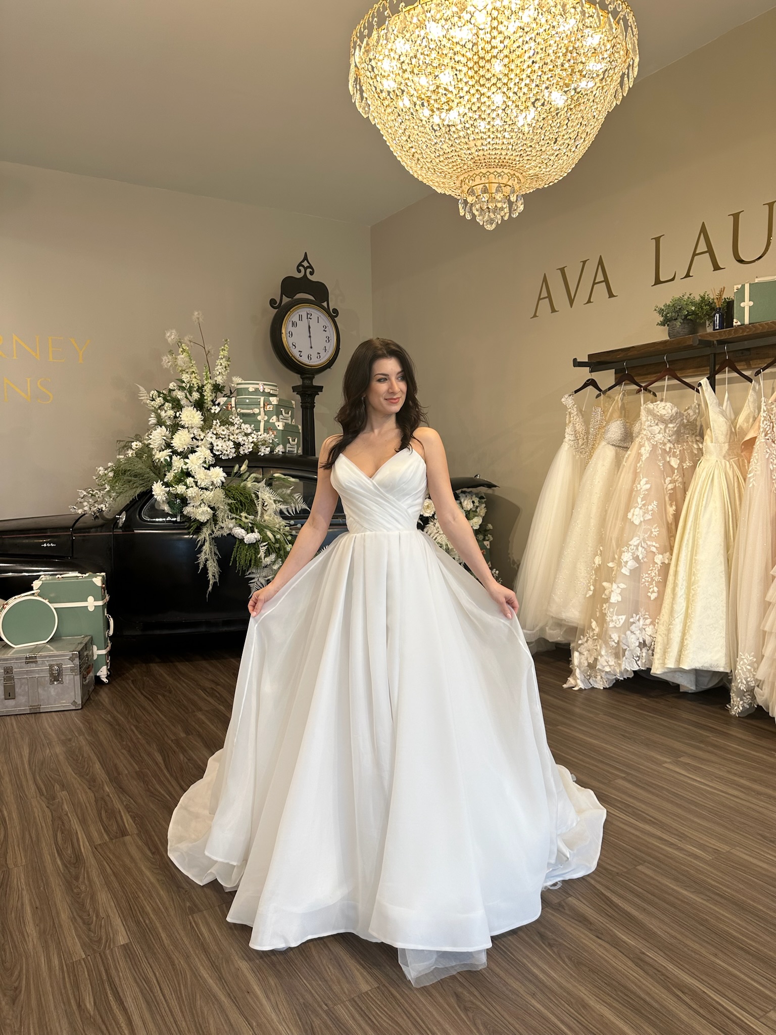 Luxury bridal boutique showcasing sweetheart neckline wedding dresses in South Carolina