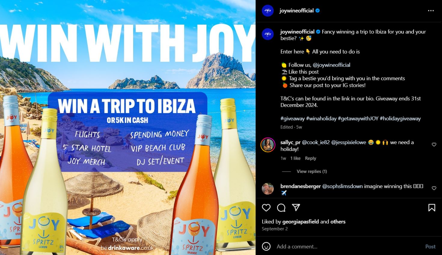 Screenshot of an instagram post by @joywineofficial promoting their promotion. Text on post reads: "WIN A TRIP TO IBIZA OR 5K IN CASH", "FLIGHTS", "SPENDING MONEY", "5 STAR HOTEL", "VIP BEACH CLUB", "JOY MERCH", "DJ SET/EVENT".