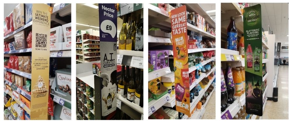A row of photos of aisle fins found in Sainsbury's . Brands include, from left to right: Fererro Roche, Bear Fruit, Robinsons.