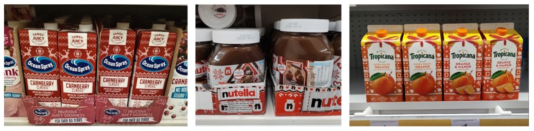 A row of 3 photos of festive brand re-packaging found in Sainsbury's. Brand included: Ocean Spray, Nutella, Tropicana.