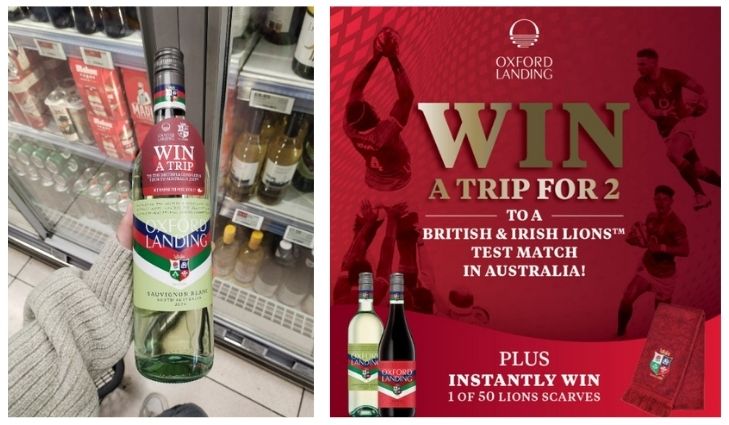Two images side-by-side. On left, is a hand holding a bottle of Oxford Landing wine. On right, is a promotional image for Oxford Landing's promotion.