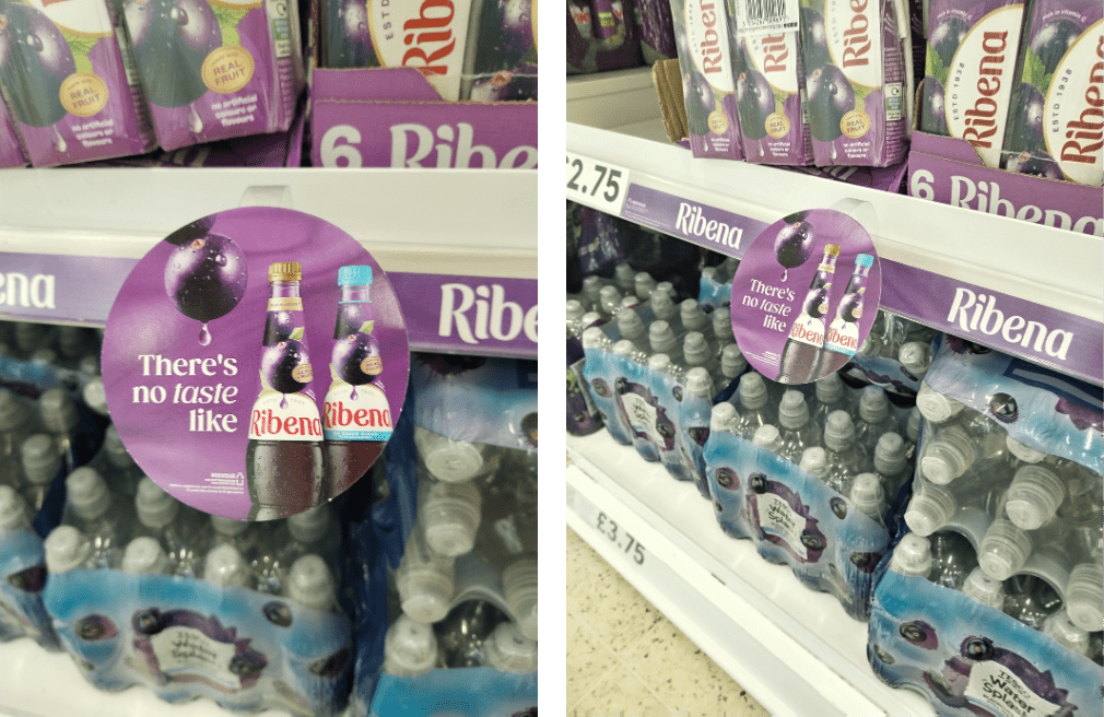 Two side by side photos of Ribena-branded shelf-wobblers