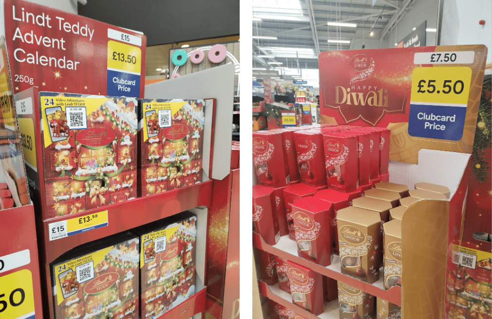 Two side by side photos of Lindt-branded free standing display units