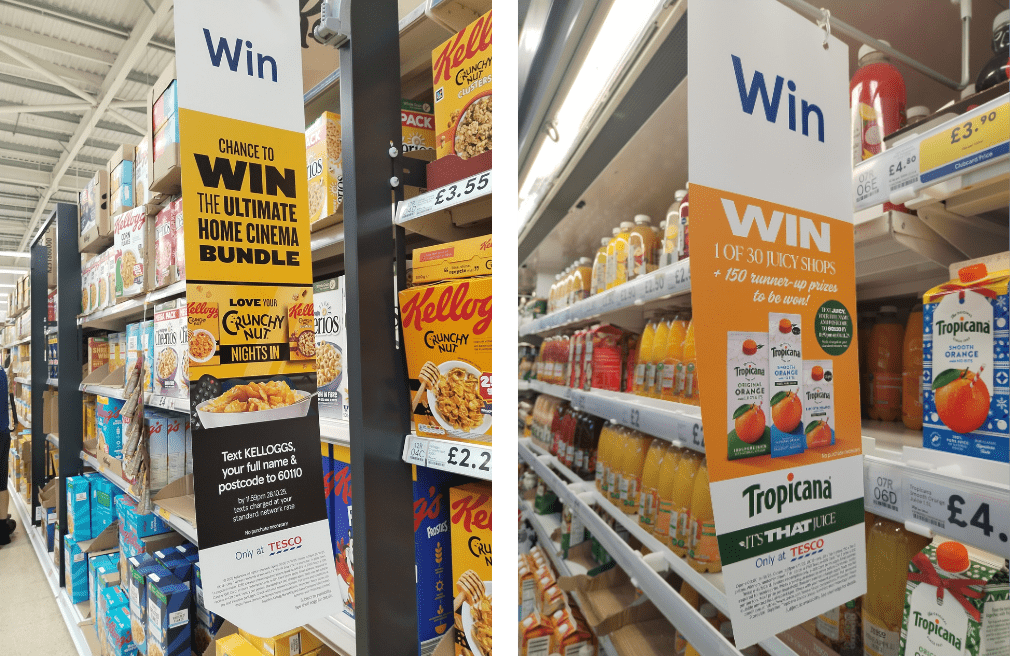 Two side by side images of branded aisle fins in Tesco. On left is Kellogg's on right is Tropicana