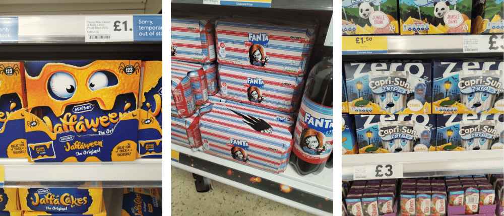A row of three images of brands with Halloween packaging. From left to right: Jaffacakes, Fantta, Capri-sun