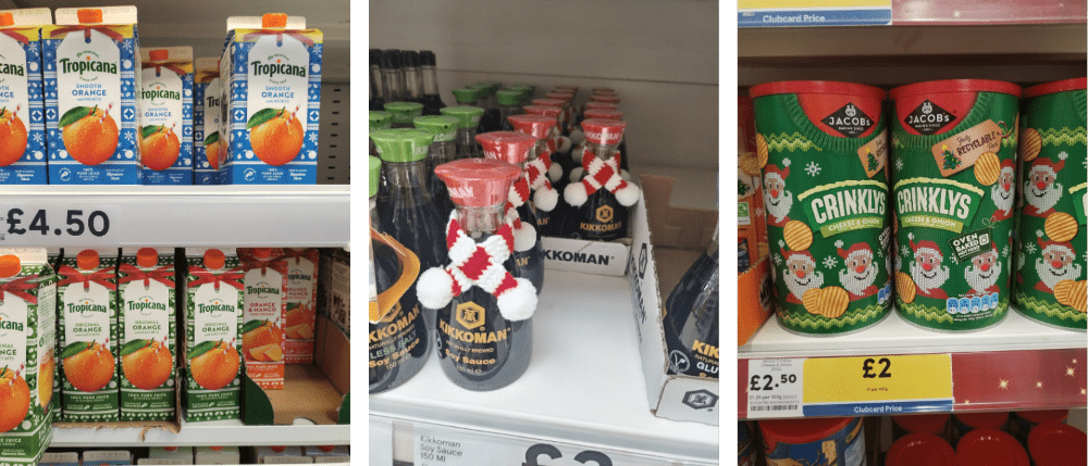 A row of three images of brands with Christmas packaging. From left to right: Tropicana, Kikoman, Crinkly's