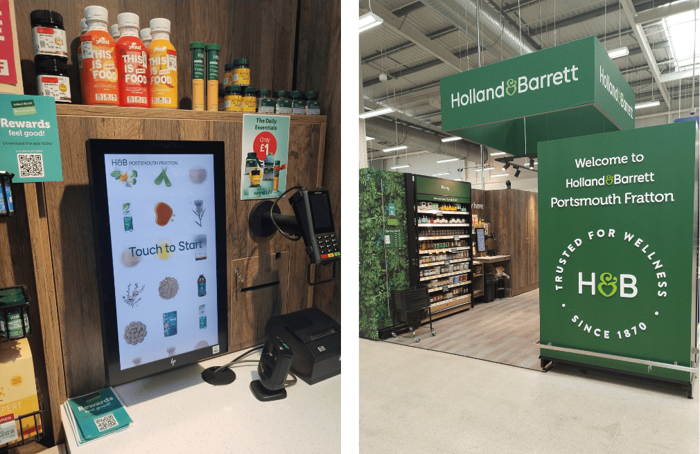 Two side by side images of a Holland & Barrett Kiosk in Tesco