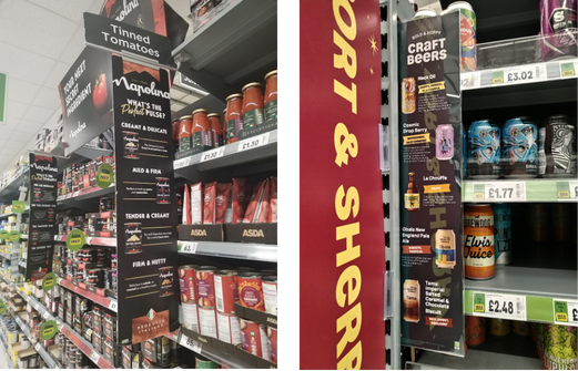 Informational aisle fin by Napolina and on craft beers.