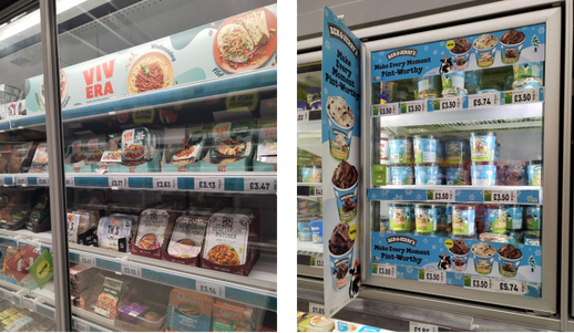 Point-of-sale displays in the chilled sections.