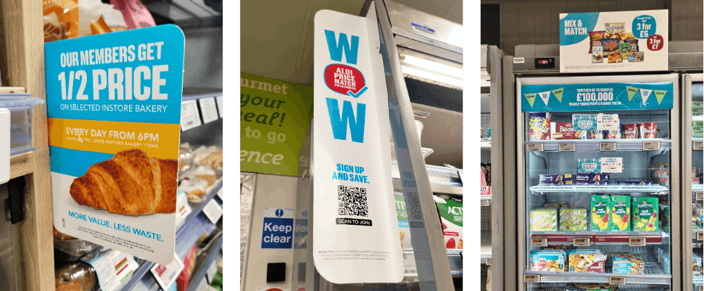 A row of three photos of point of sale displays seen in Co-op