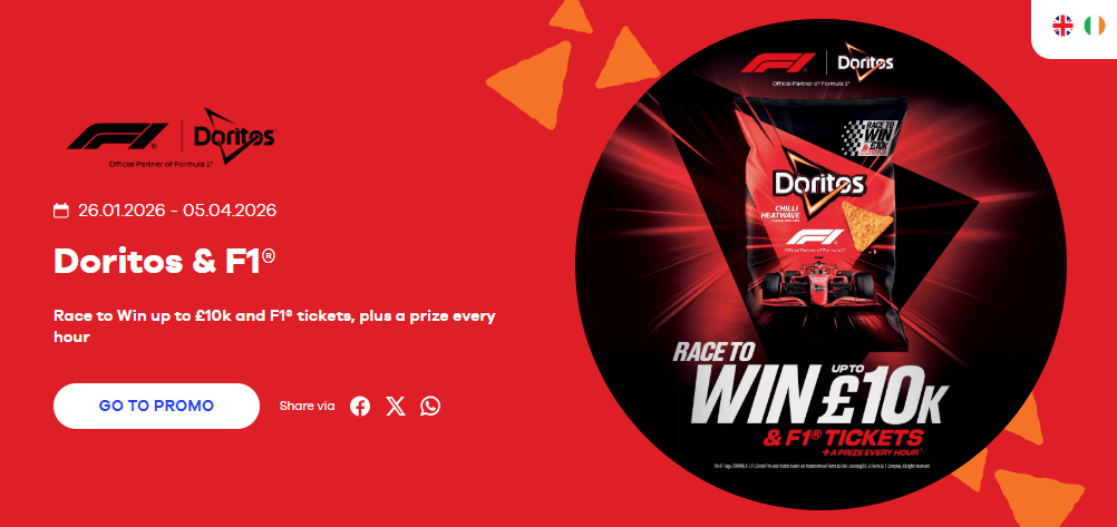 Hero image for Doritos featuring an image of a promotional pack and text that reads. "Doritos & F1"