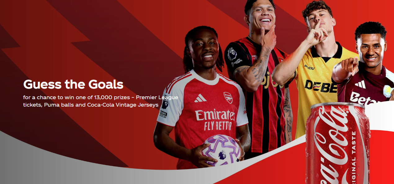 Coca-Cola's hero image featuring various football players. Text in front reads: "Guess the Goals for the chance to win one of 13,000 prizes - Premier League tickets, Puma balls and Coca-Cola Vintage Jerseys.
