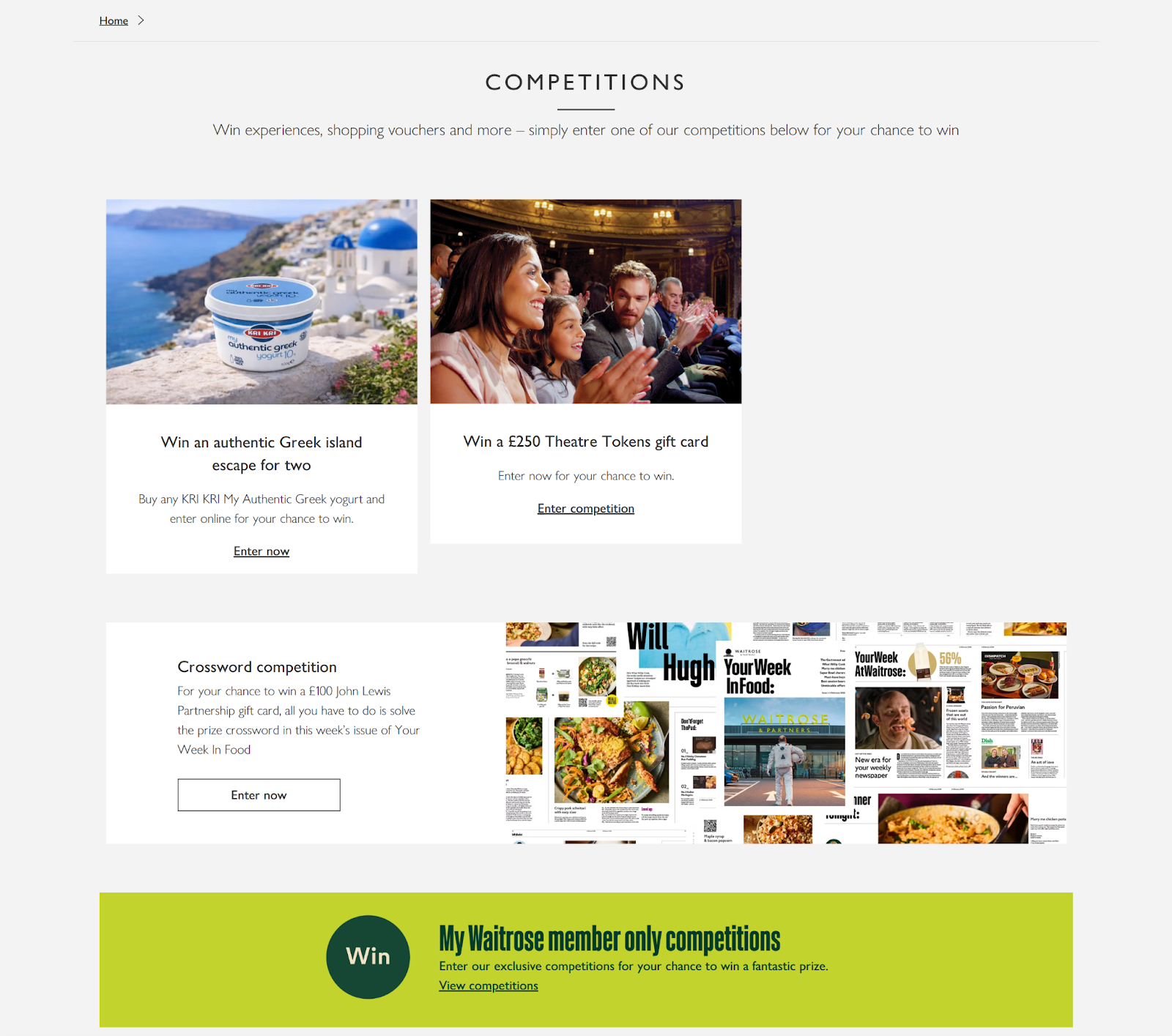 Waitrose competitions page screenshot.