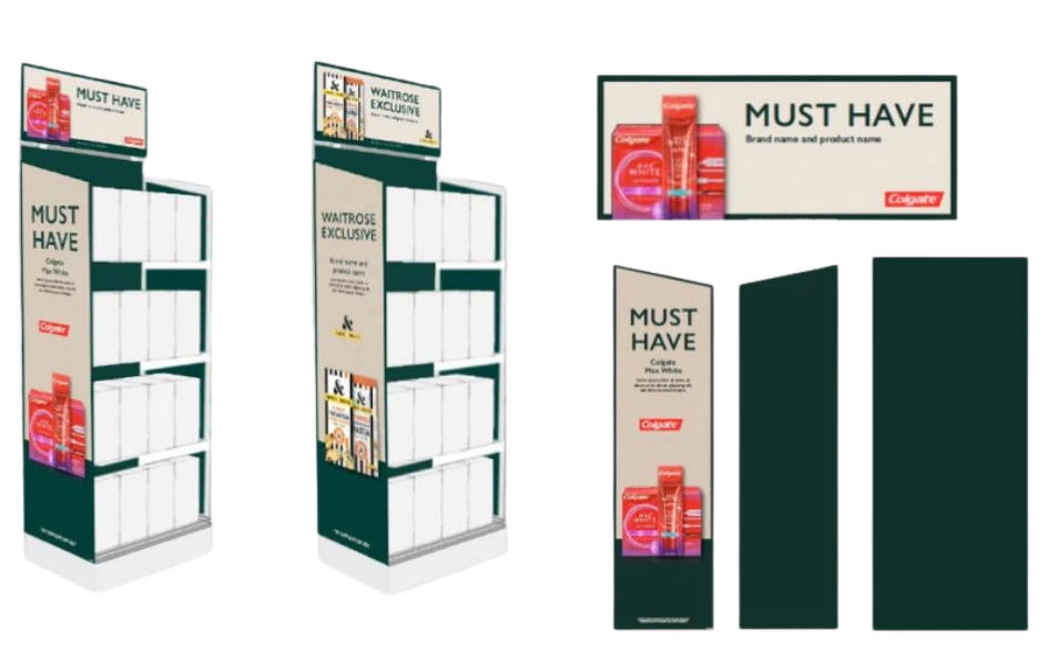 2D and 3D examples of Waitrose free-standing diaplay units (FSDUs).