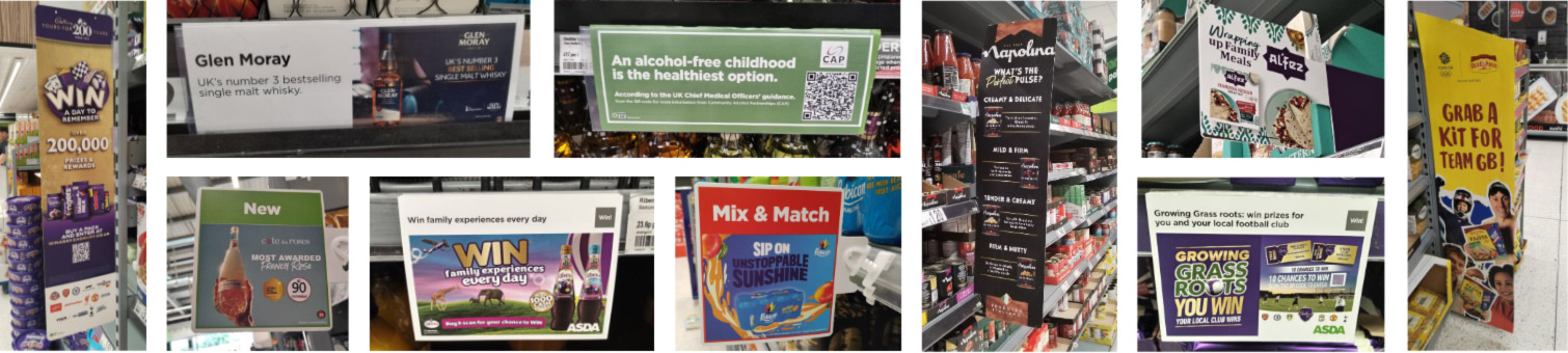 A compilation of of various aisle fins, shelf stopper and barkers from several brands including Ribena, Cadbury, Old El Paaso, and Napolina