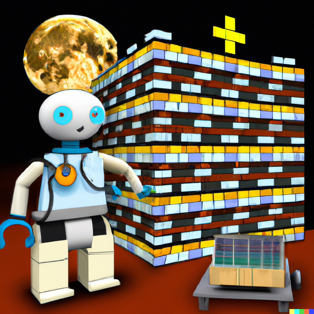 A cute android building a hospital brick-by-brick on the moon, digital art.