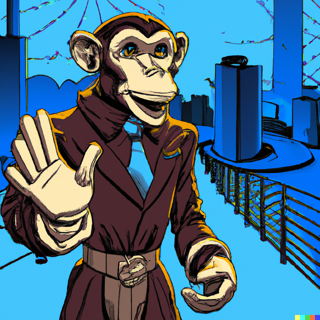 A monkey dressed in a suit welcoming humans to a futuristic city, comicbook style.