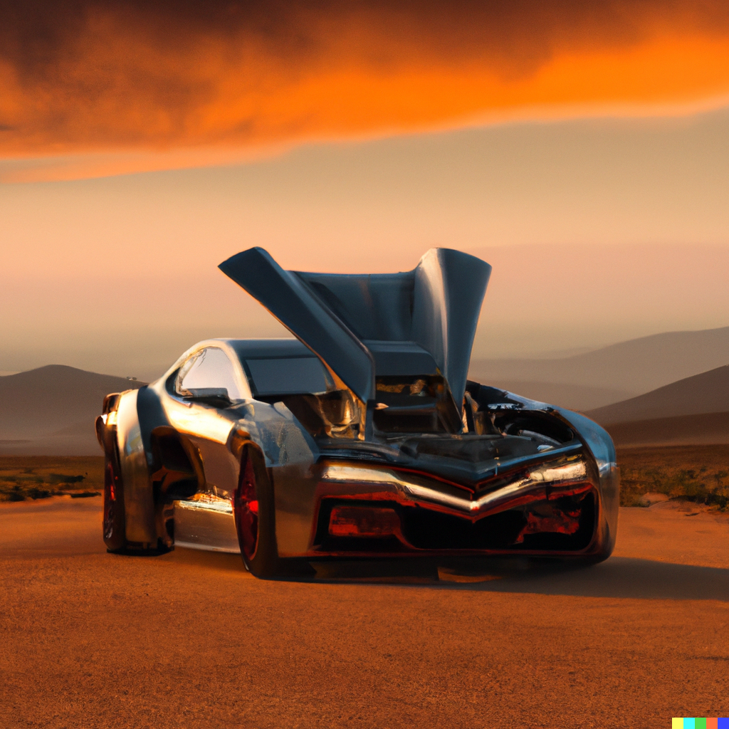 DA futuristic Transformers-style car with the hood up and the engine visible, with a desert sunset in the background.