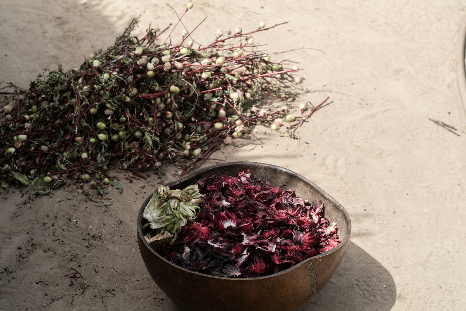 This is Bissap, a popular West African beverage made from dried hibiscus flowers (Hibiscus sabdariffa), often referred to as the national drink of Senegal