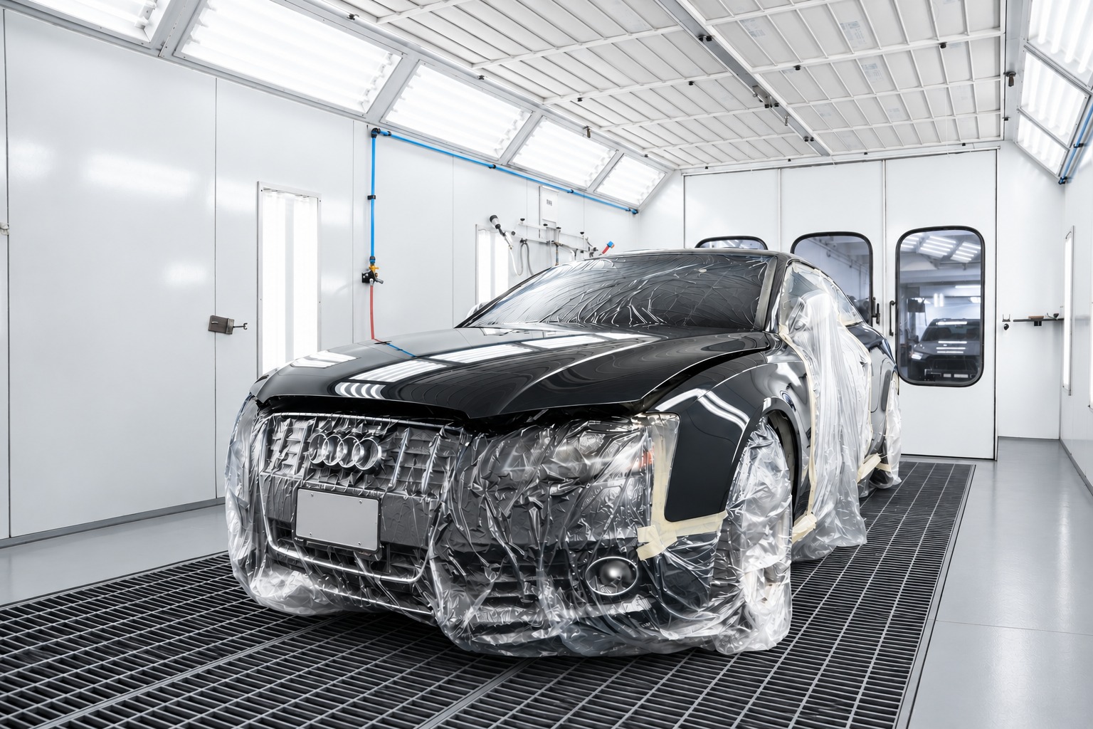 Black Audi masked for paint inside a spray booth at a CSN collision centre
