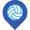 Blue location pin with a white volleyball icon inside.