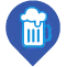 Icon of a beer mug with foam inside a blue location pin shape.