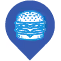 Blue location pin with a white burger icon inside it.